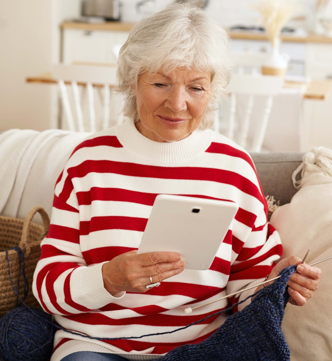 Senior Knitting with Tablet