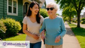 In-home help for seniors with limited vision, Seattle caregiver guiding elderly woman