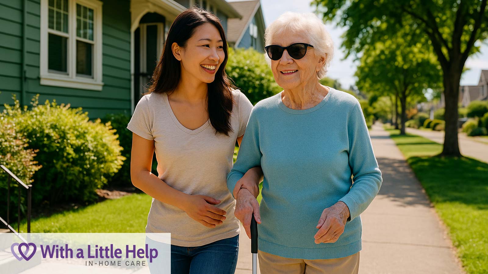 In-home help for seniors with limited vision, Seattle caregiver guiding elderly woman