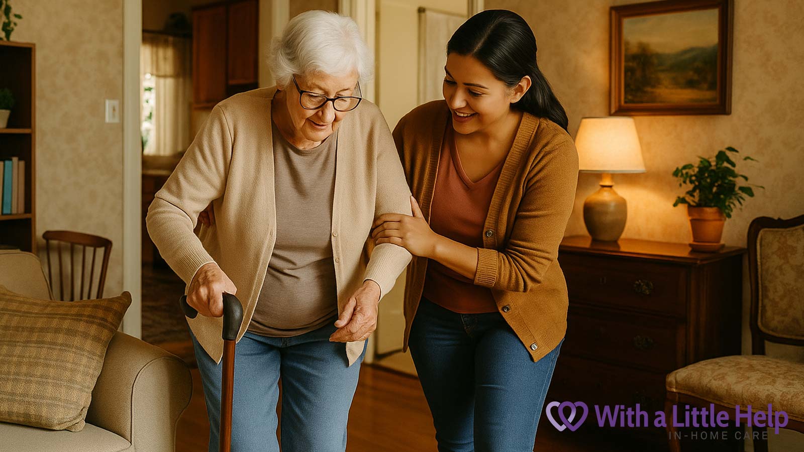 Senior woman walking with caregiver support at home, managing mobility issues caused by peripheral neuropathy.