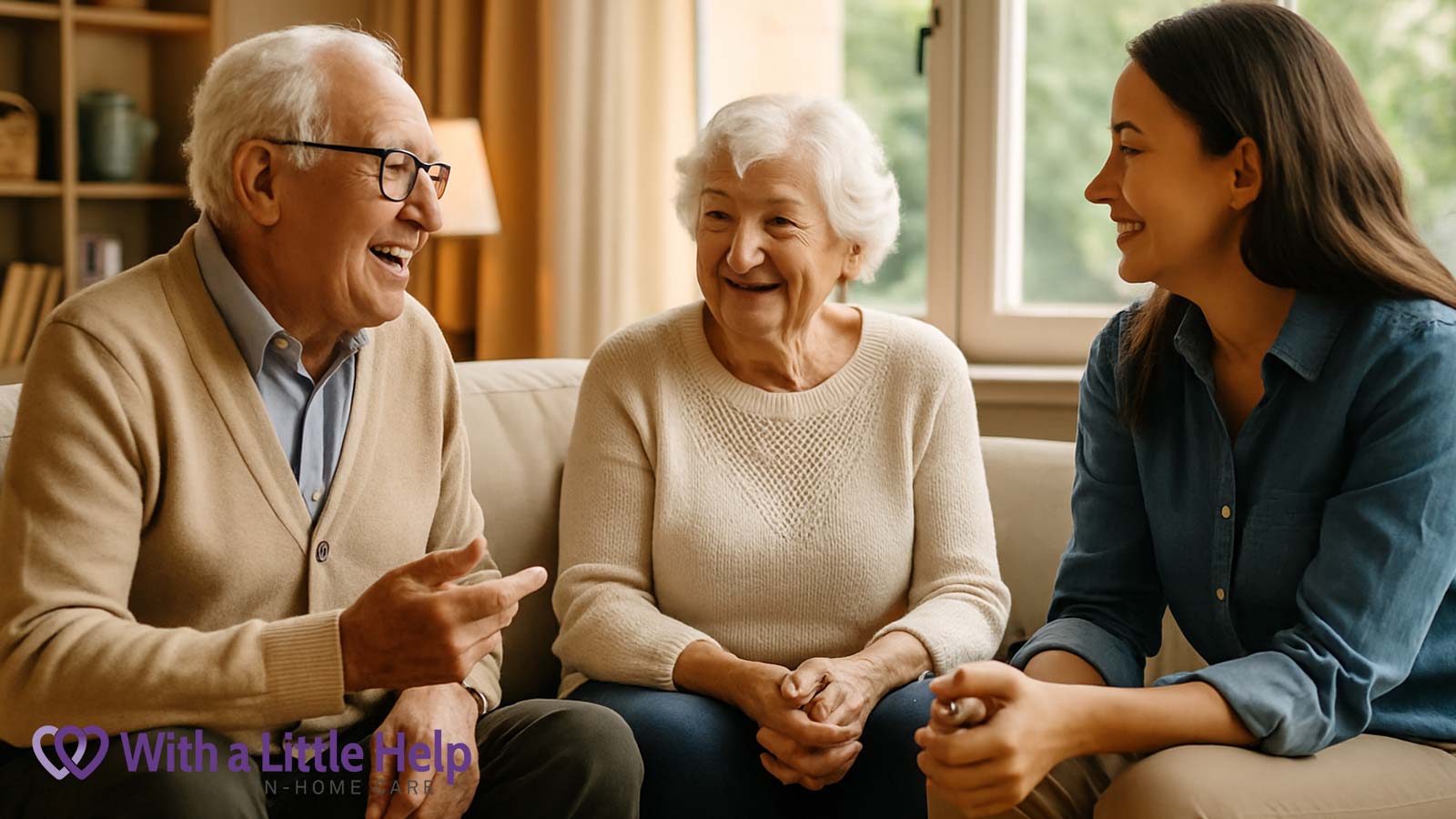In-home caregiver supporting seniors with hearing loss in a comfortable living room.