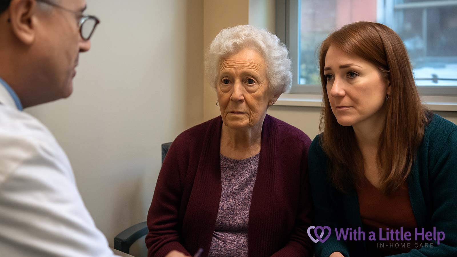 Senior caregiving at home — an older woman and her caregiver accompany a doctor during a medical consultation.