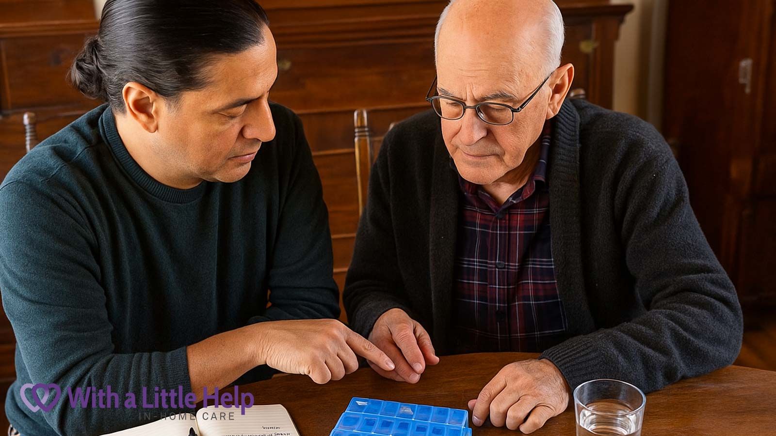 Senior caregiving at home with caregiver and elderly man reviewing a weekly pill organizer for medication management.
