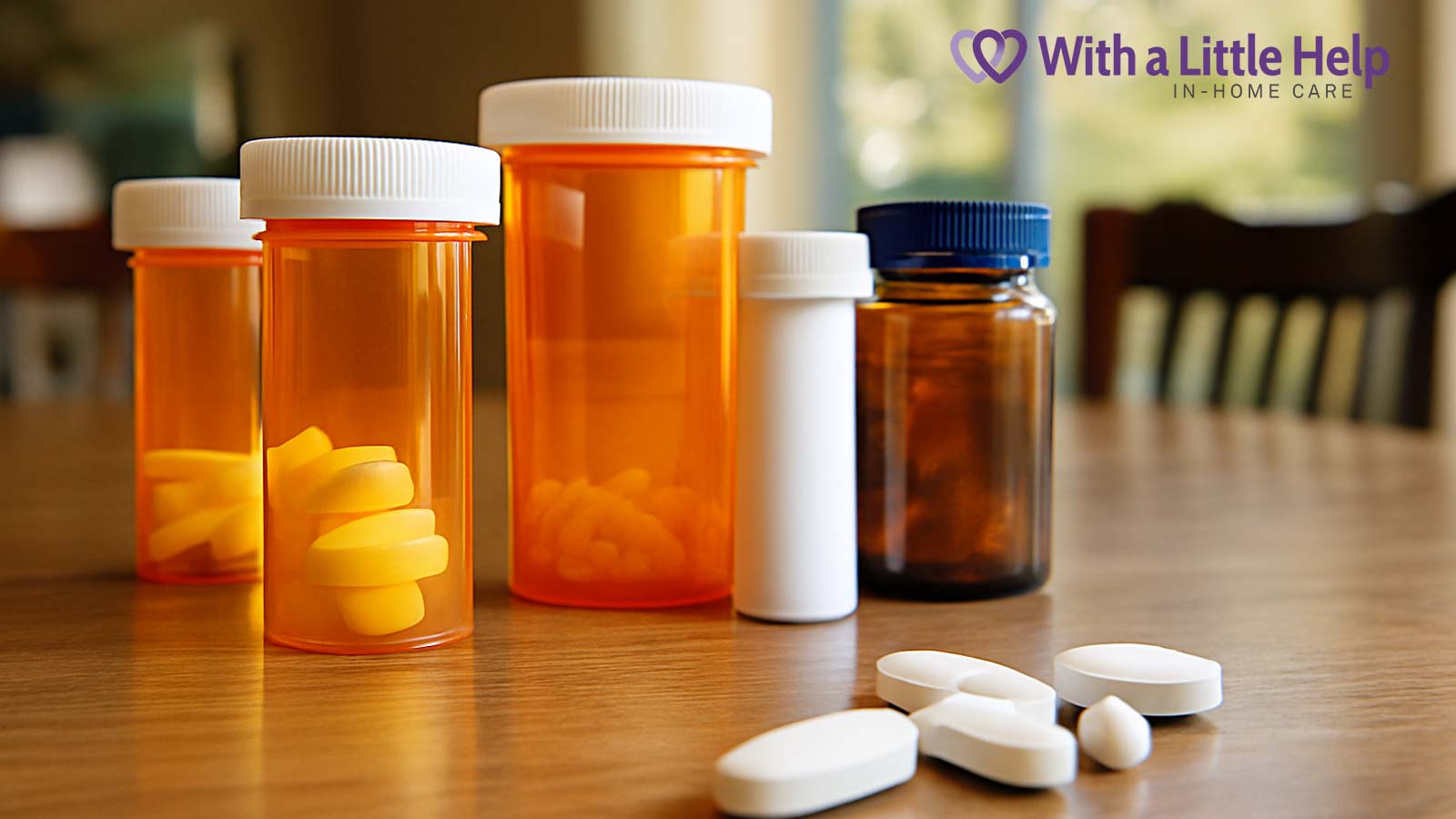 Prescription bottles and loose pills arranged on a kitchen table, highlighting medication management in senior caregiving at home.