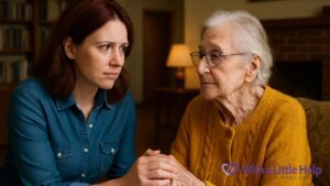 Senior woman and adult daughter sharing moment of connection during in-home senior caregiving