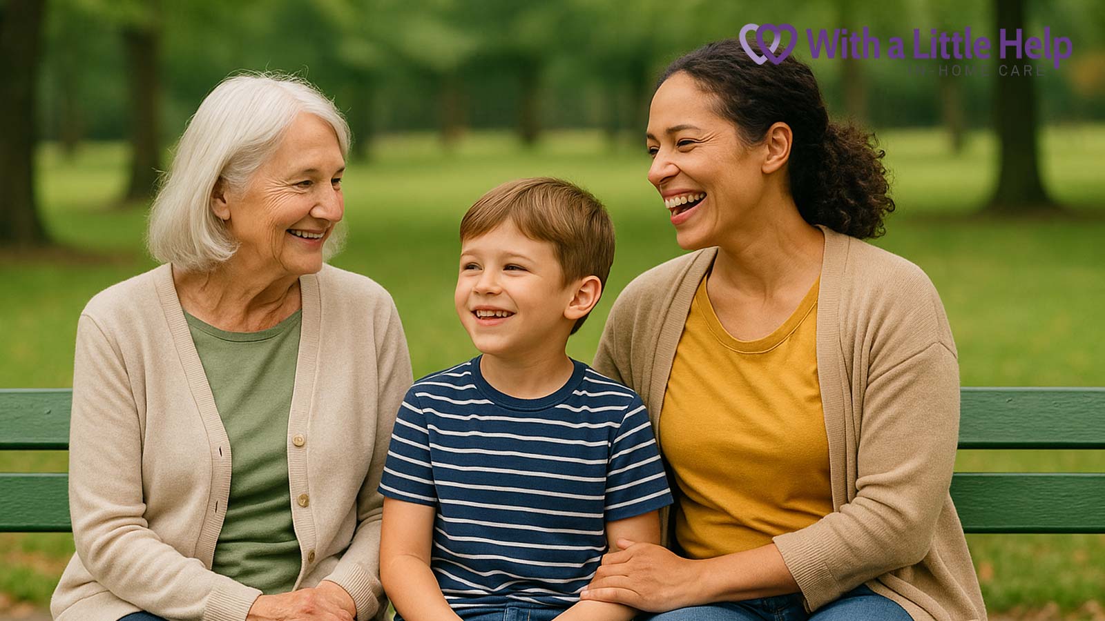 Multigenerational family seated on park bench sharing a light moment during senior caregiving