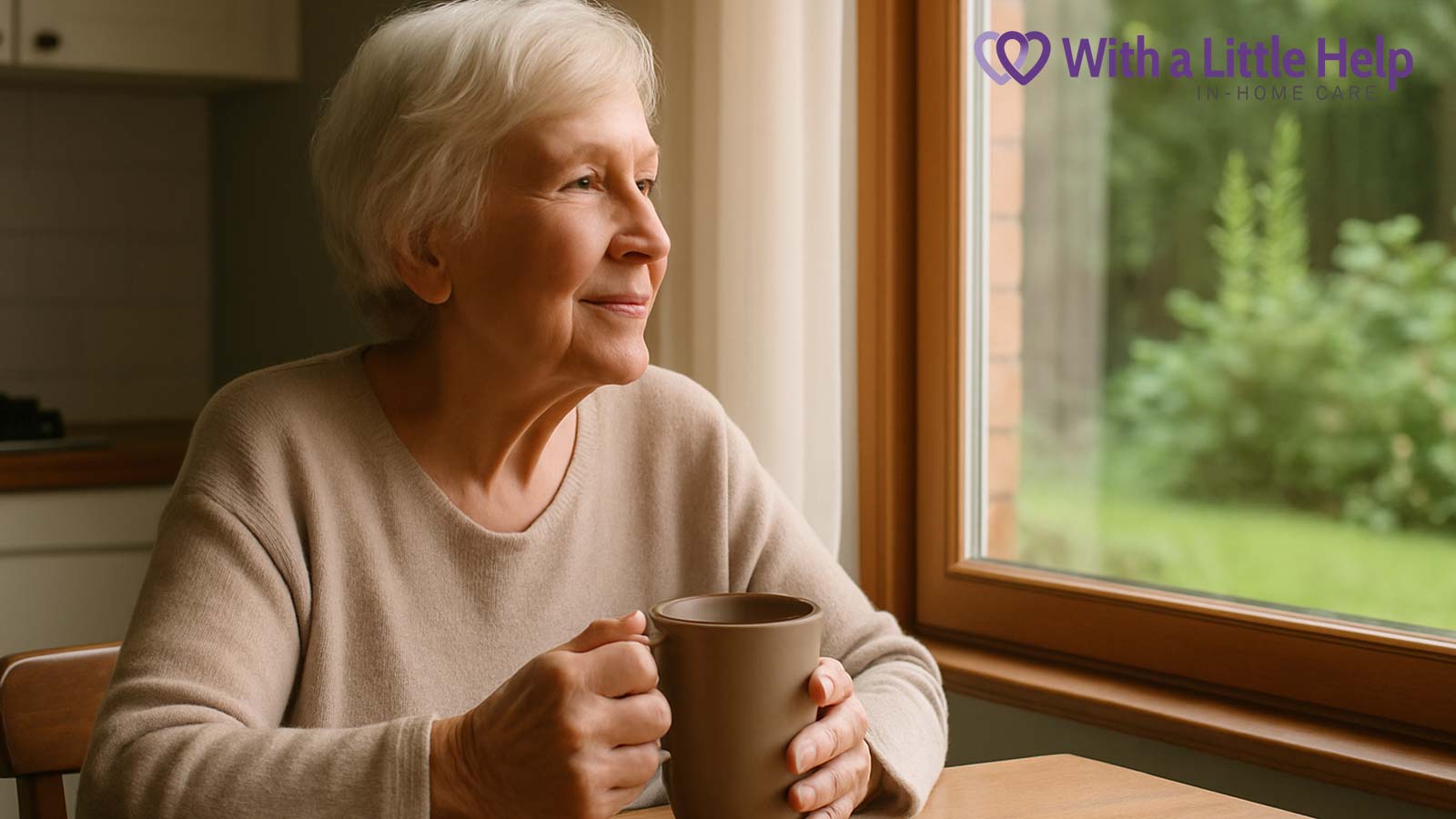 Care at home client sipping coffee while seated by window in kitchen.