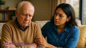 Caregiver meeting with an older adult at home to discuss assistance with ADLs.