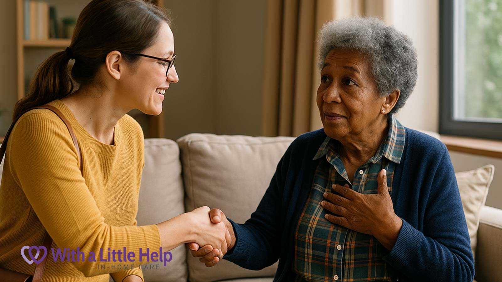 Senior and caregiver building rapport while planning assistance with ADLs.