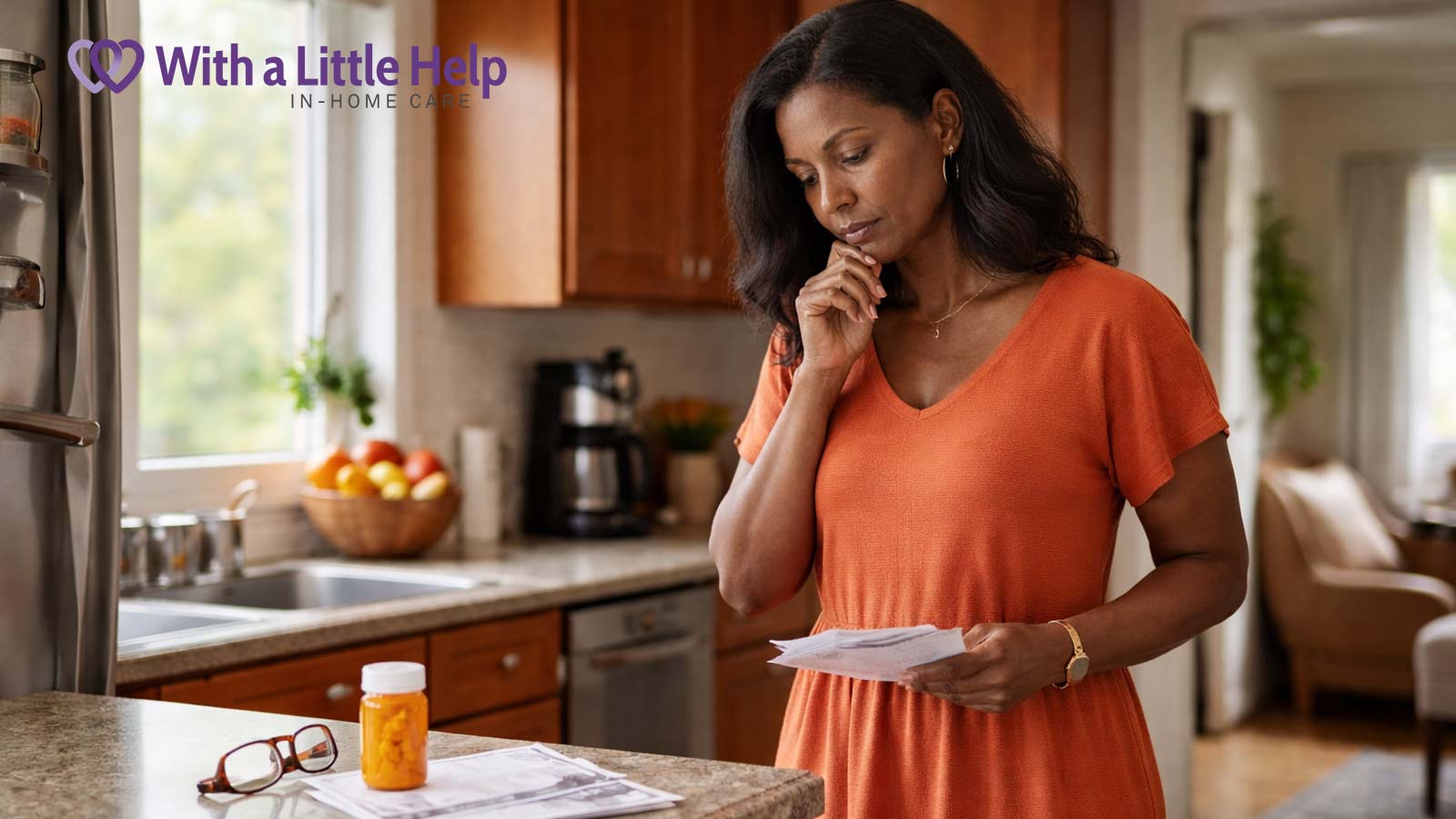 Adult daughter in kitchen noticing changes at home that signal the need for in-home care