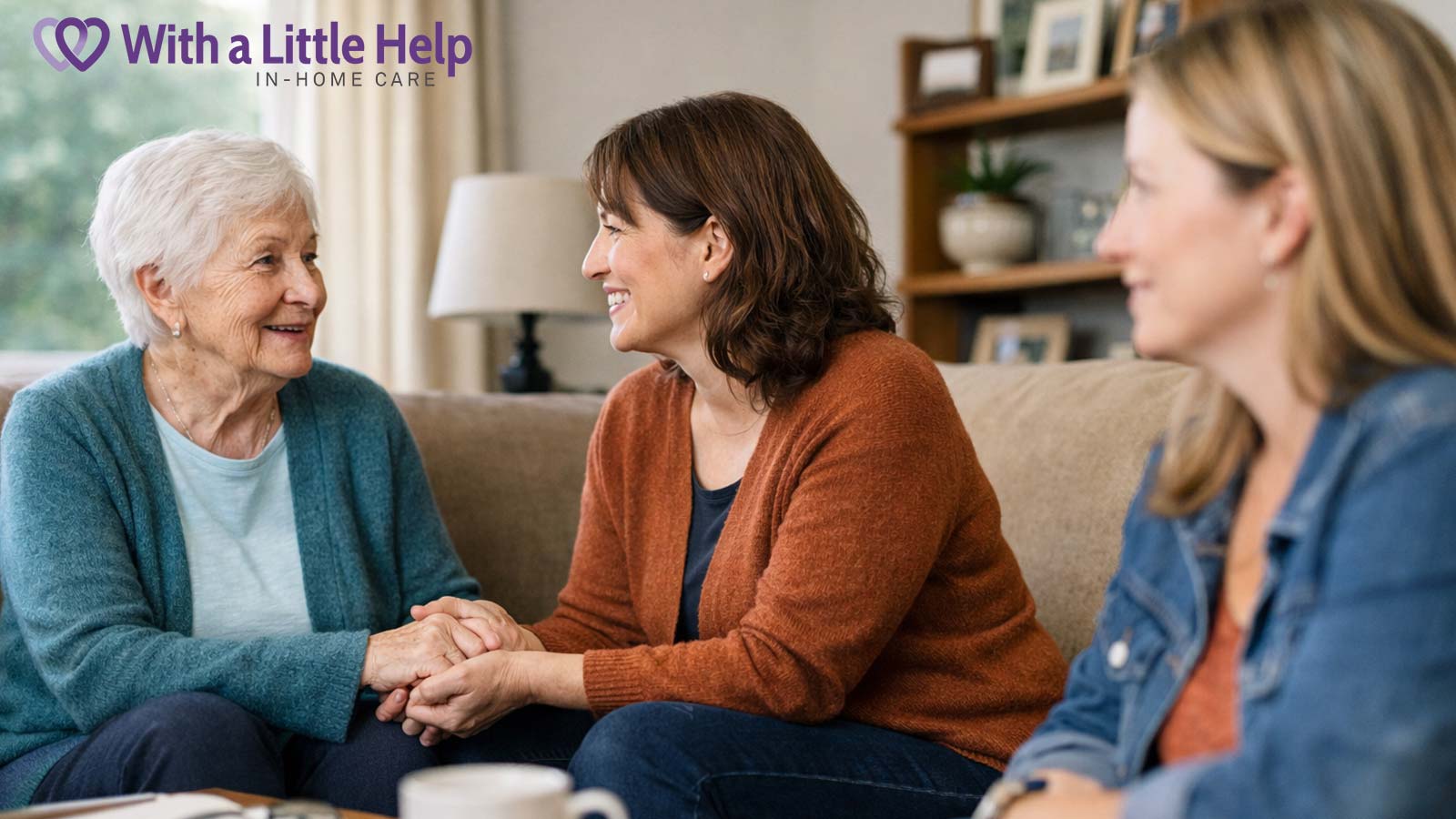 Family members discussing care options together at home, illustrating in-home care vs assisted living decisions