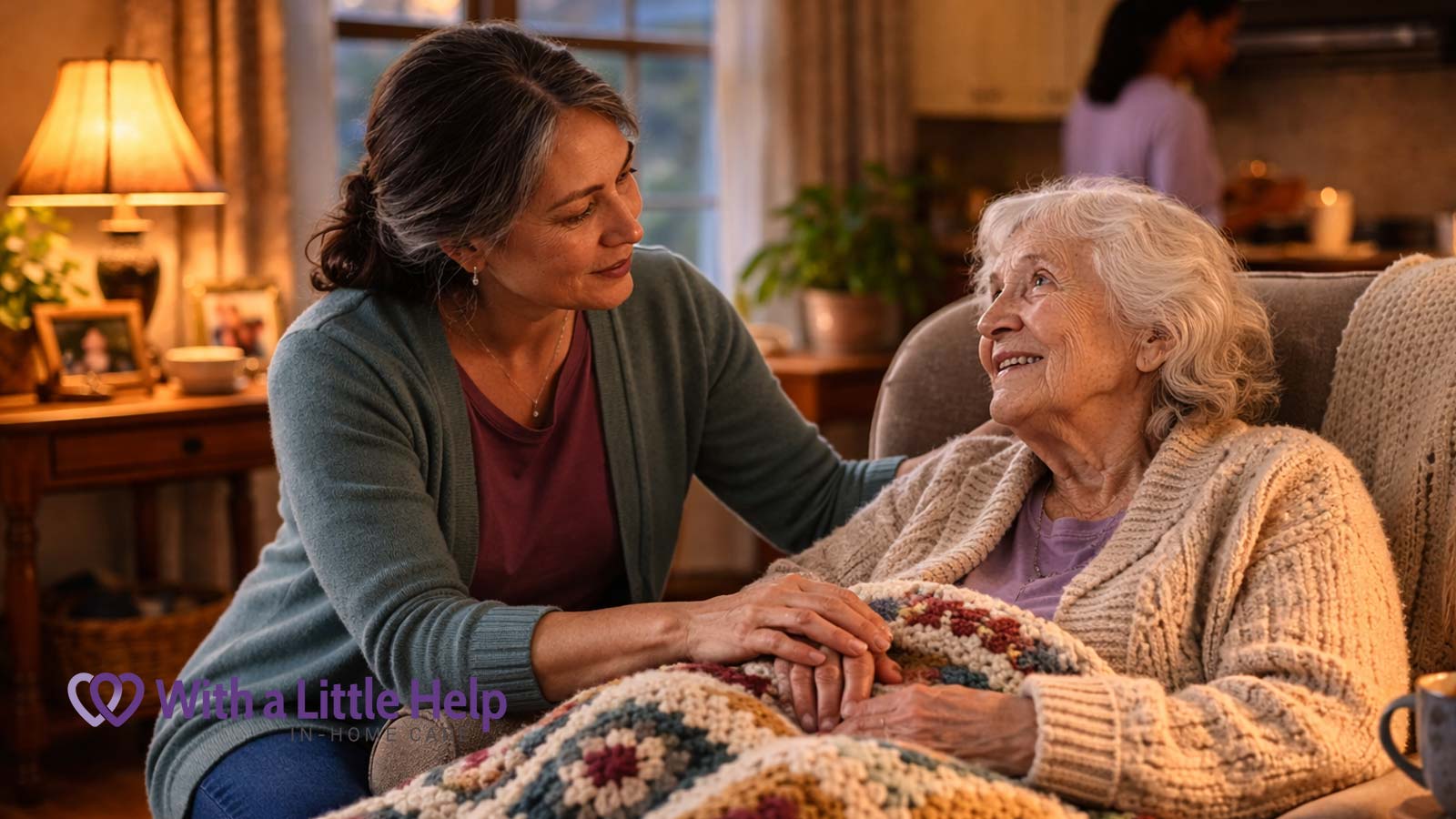 Family-centered elder care showing a daughter helping her older mother while caregiver prepares tea