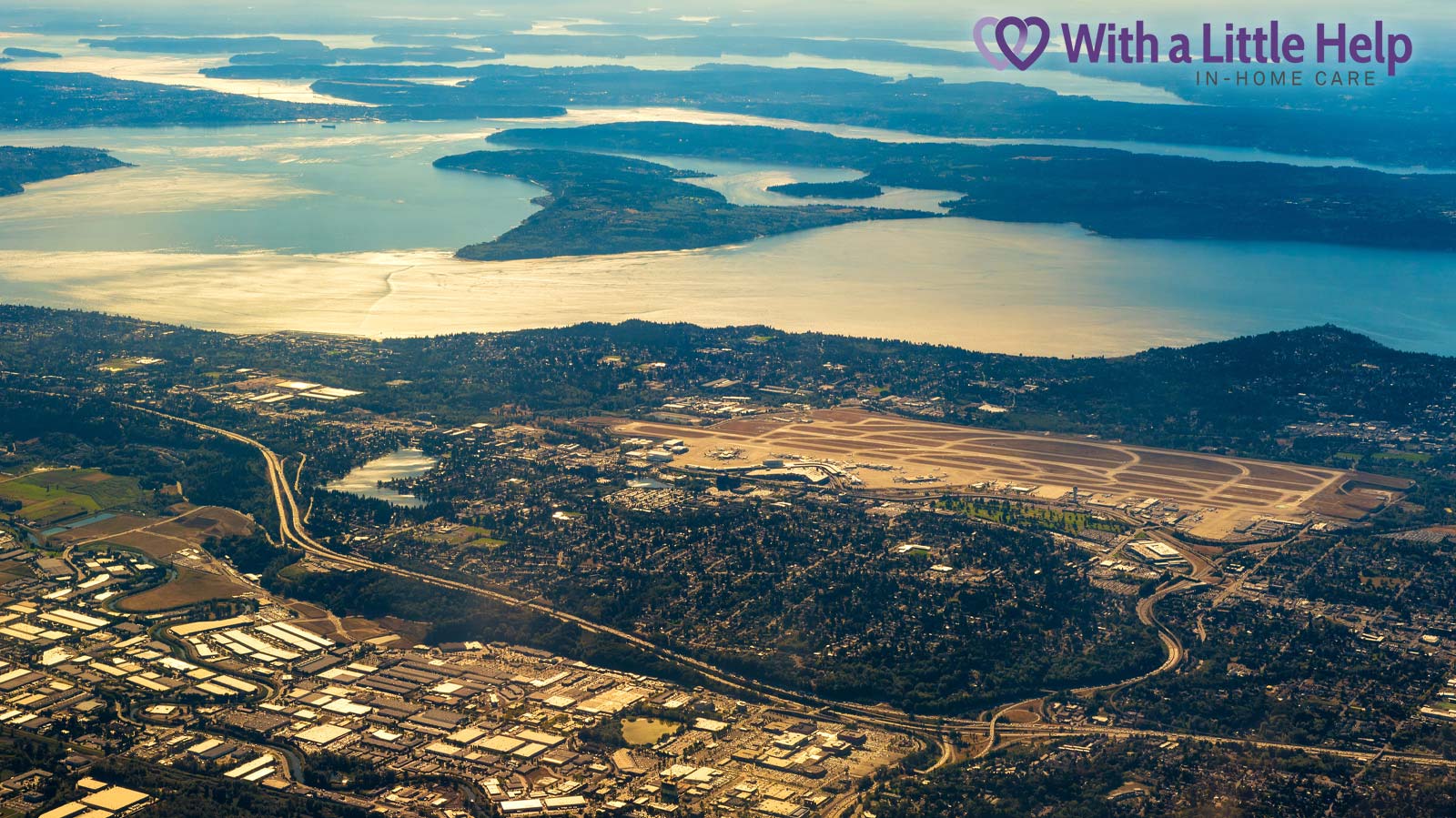 Aerial view of SeaTac, Washington where senior in-home care services support older adults at home