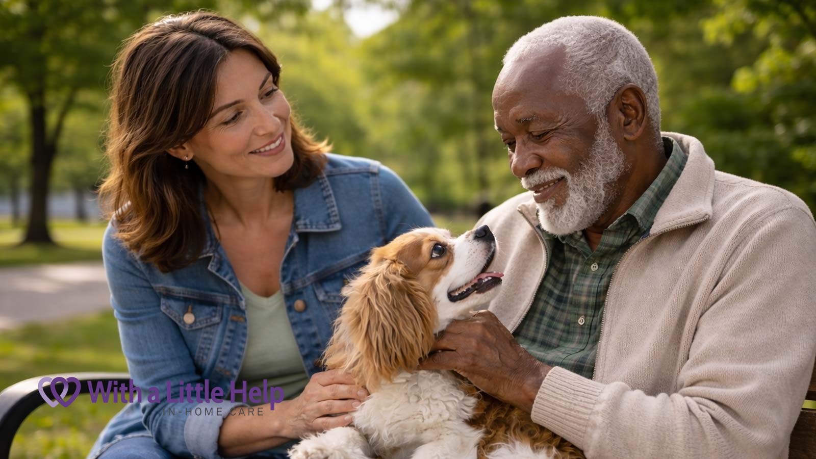 In-home care client enjoying time outdoors with caregiver and pet on a park bench
