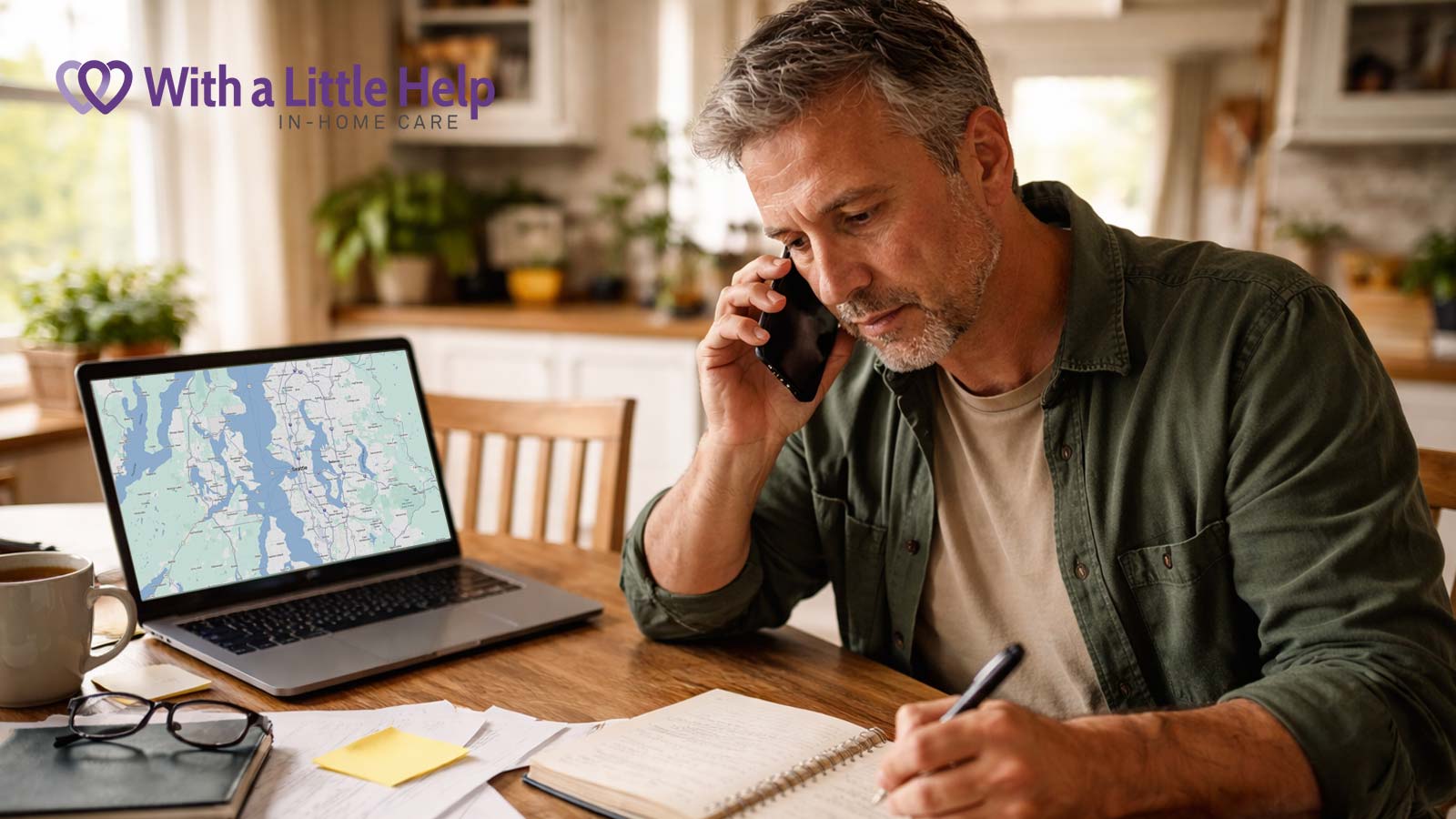 Middle-aged man coordinating senior caregiving remotely while looking at a Seattle map and talking on his phone.