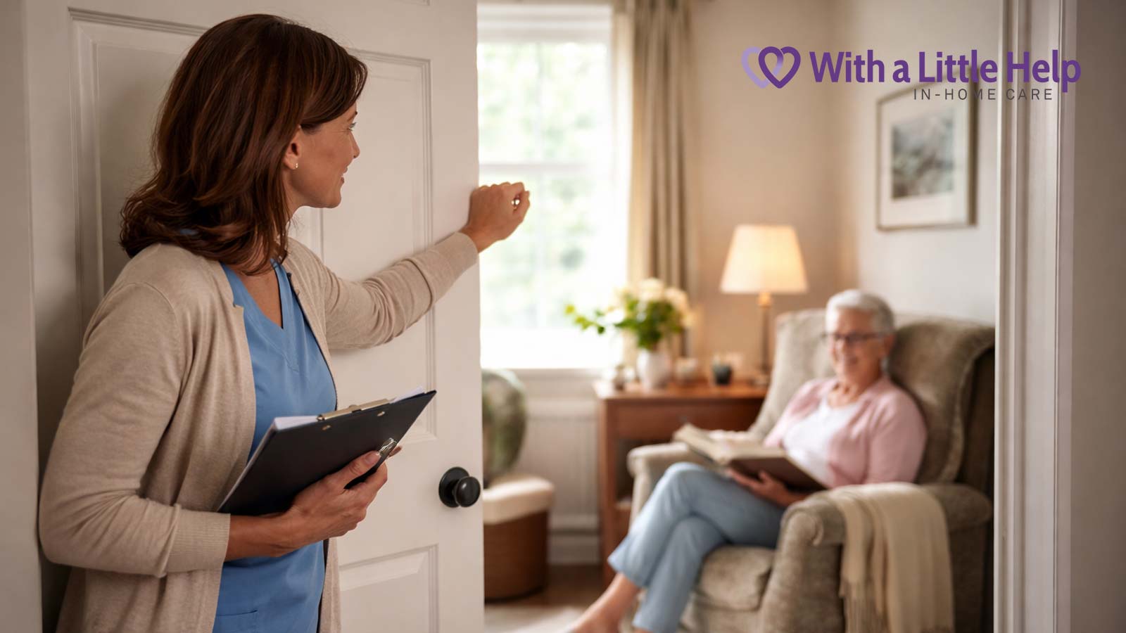 Caregiver following privacy practices used by professional home care agencies when entering a client’s space