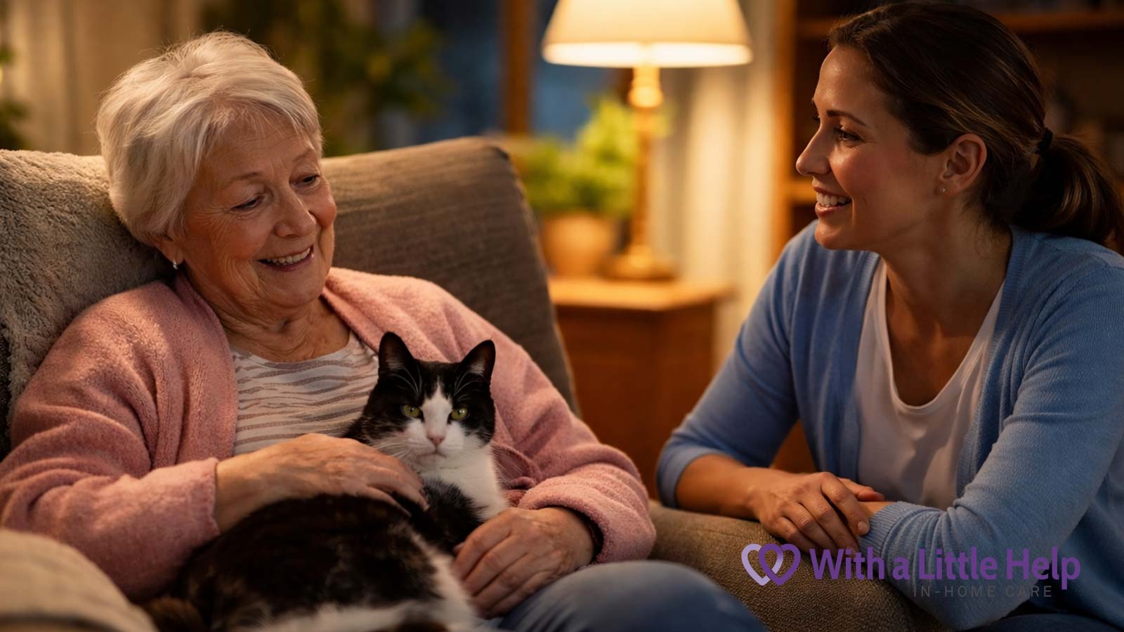 Senior aging at home with the help of in-home care while spending time with her pet