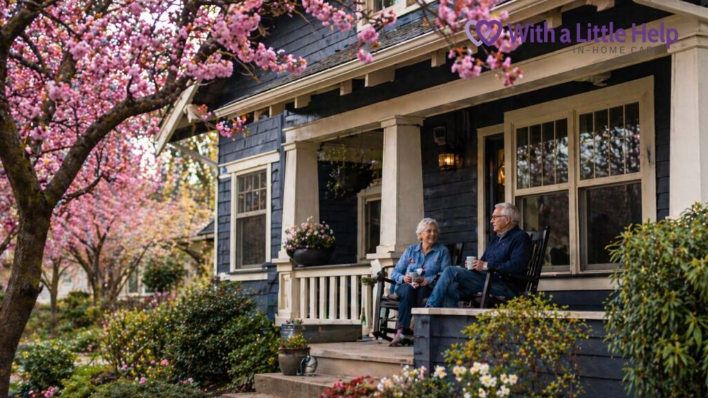 Senior couple enjoying spring on porch of blue craftsman house, aging at home in Seattle
