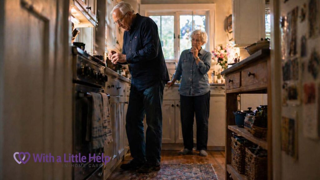     Senior couple in kitchen showing daily challenges of aging at home in Seattle