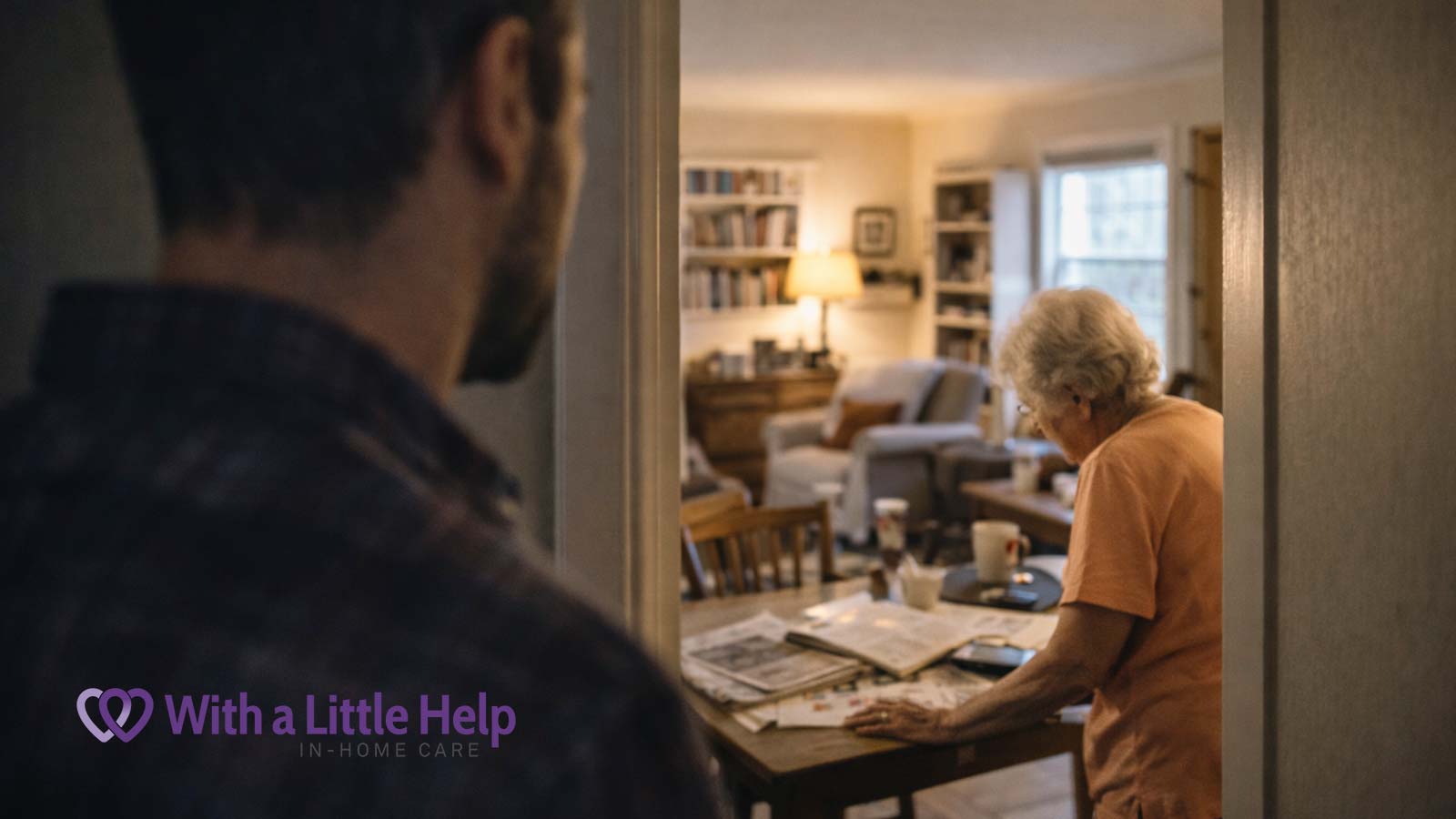 Son observing aging parent who refuses help with in-home care while standing in a doorway