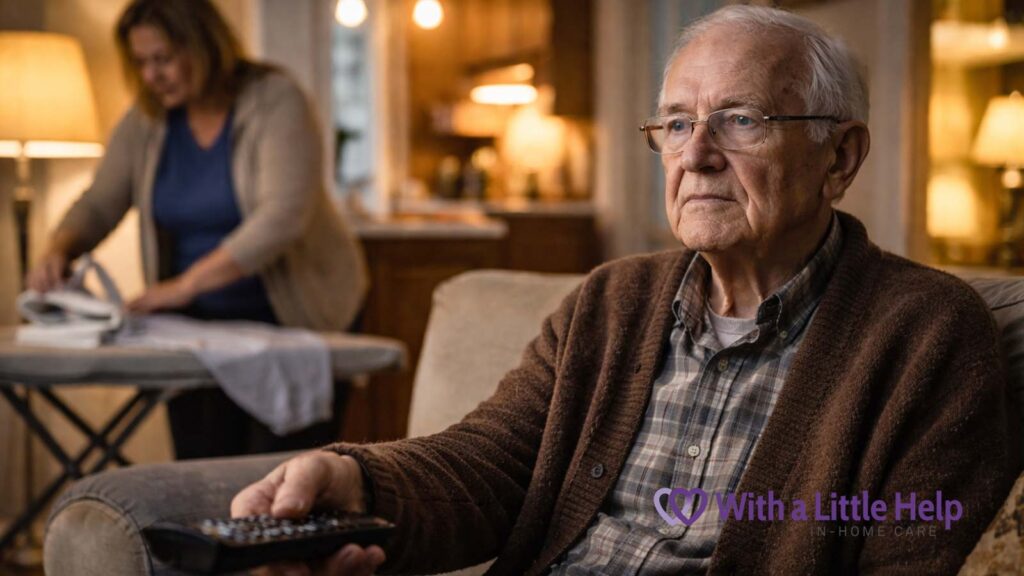 In-home care provider present but senior refuses help while continuing daily routine