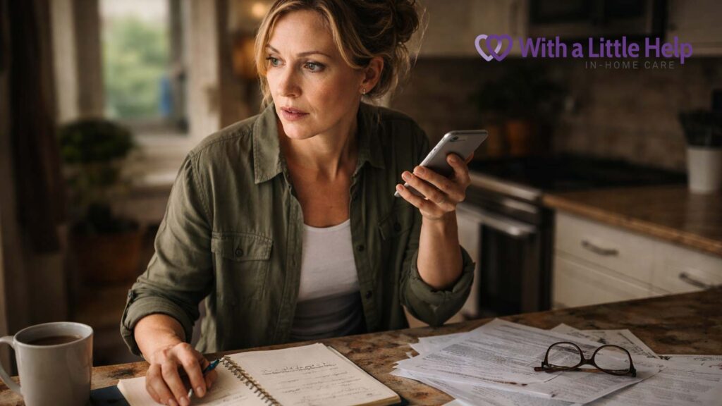 Adult daughter planning in-home care with notes and phone