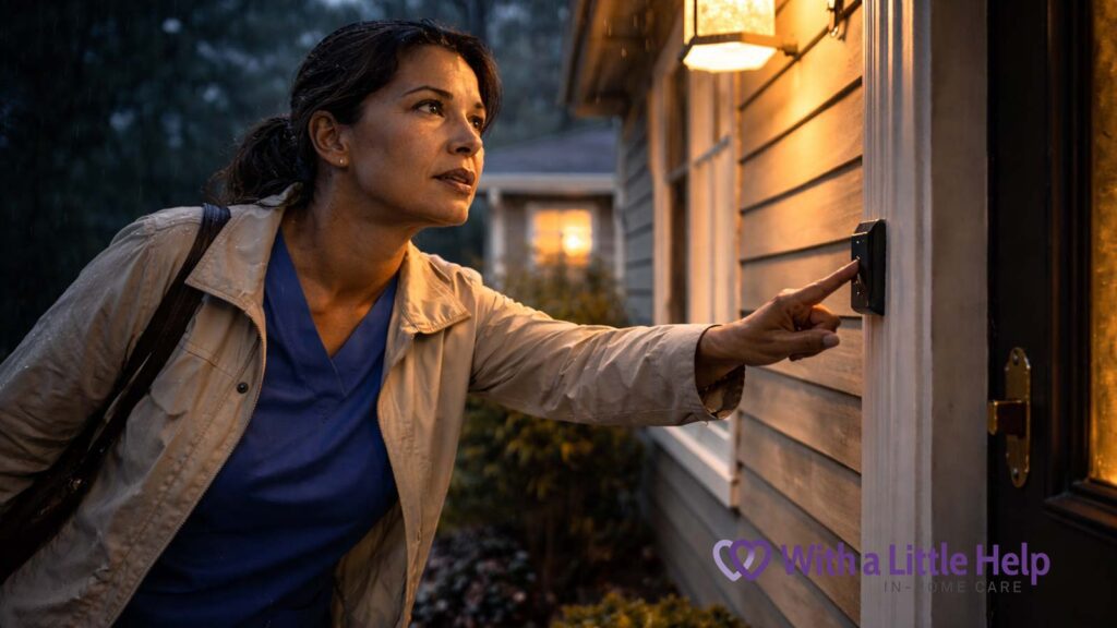 Caregiver arriving at a home in the rain to begin an in-home care visit in the evening