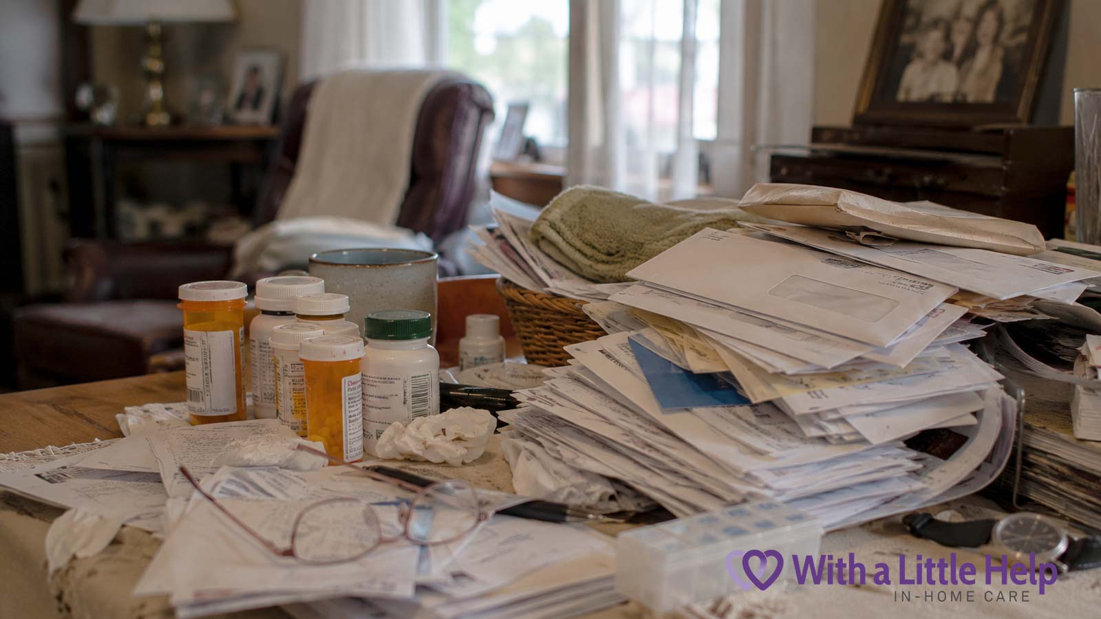 Unopened mail and medications showing signs that care at home for seniors may be needed