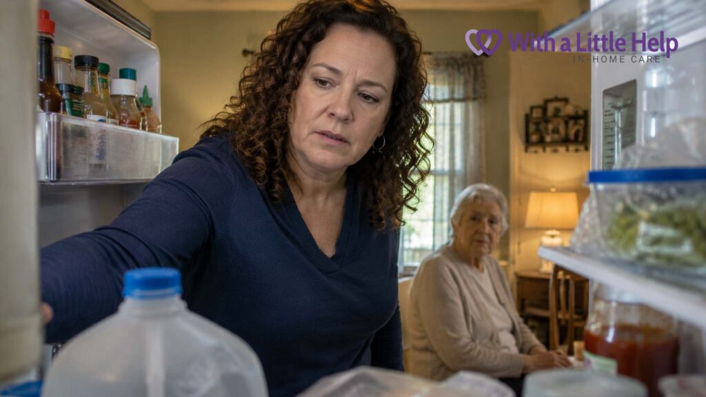 Daughter checking refrigerator contents while considering care at home for seniors for her aging mother