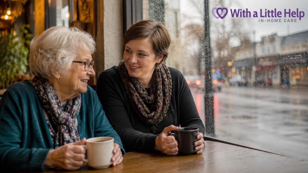 Senior woman and caregiver sharing coffee together as part of companion care for seniors