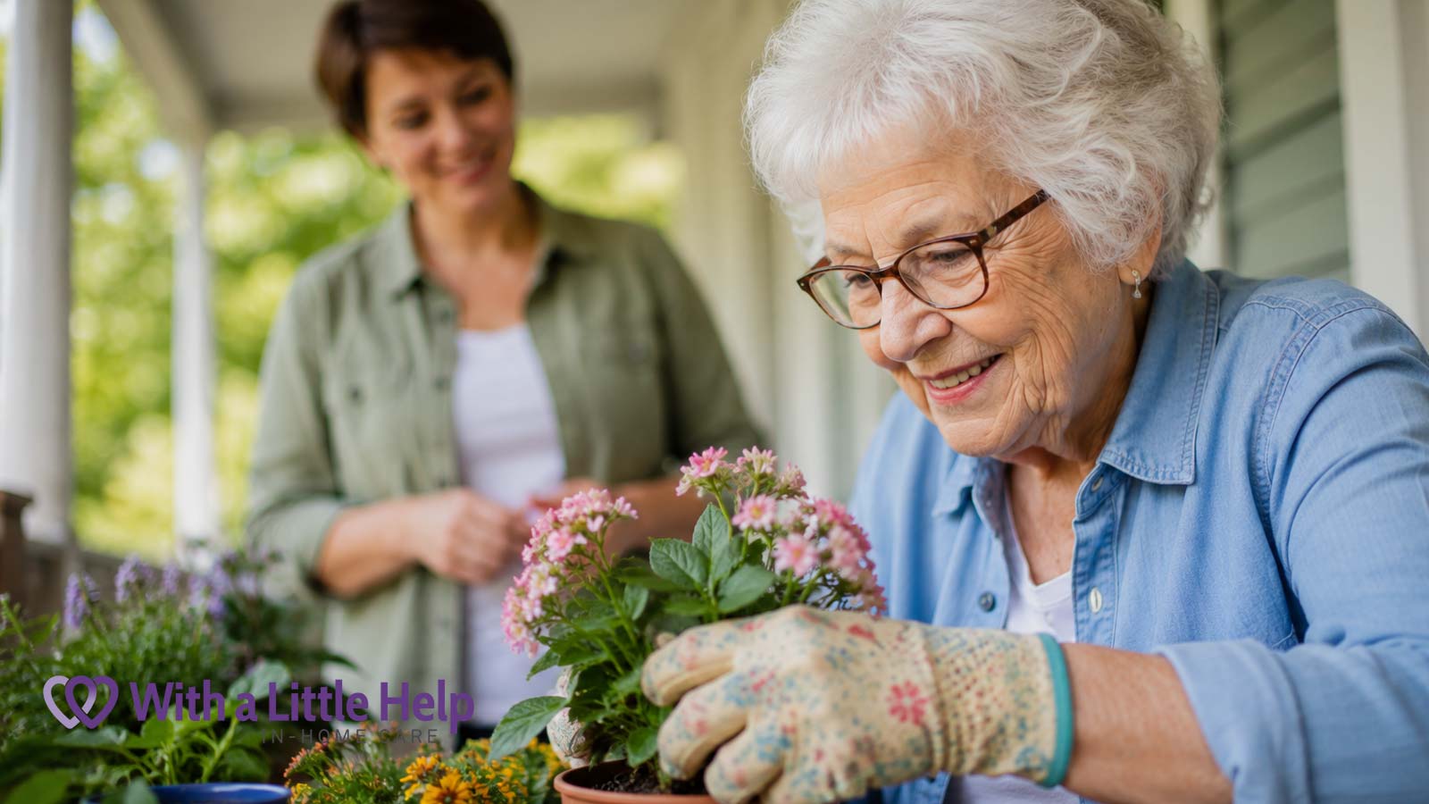 Elderly woman gardening with caregiver nearby during companion care for seniors at home