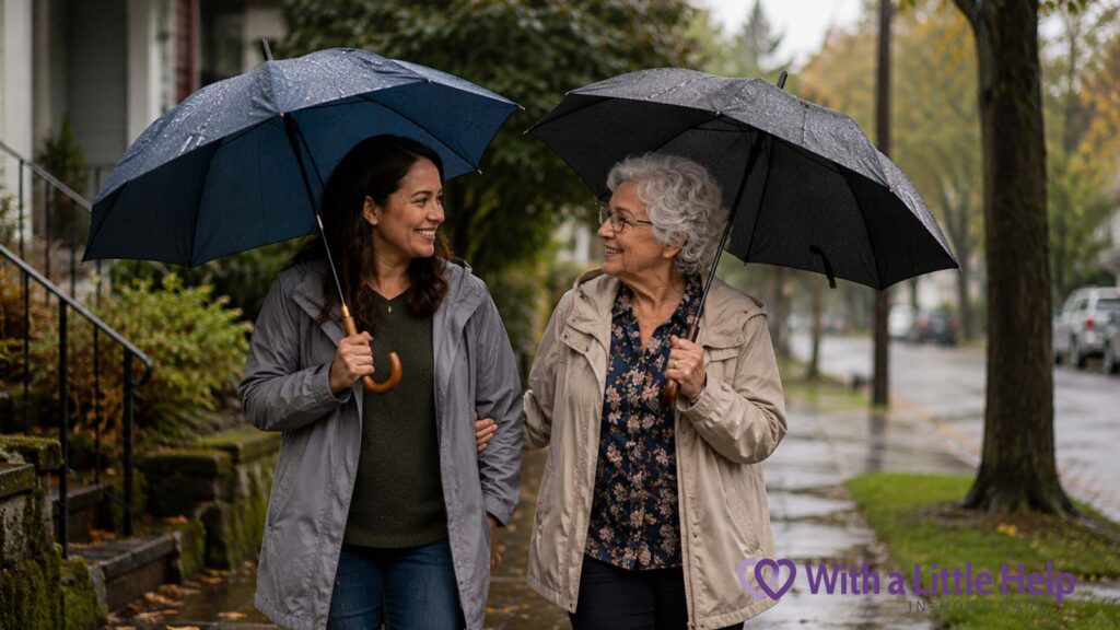 Senior and caregiver enjoying a walk in Seattle neighborhood during in-home care visit