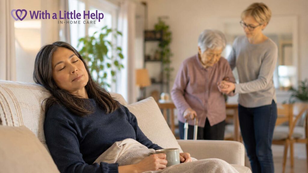 Family caregiver resting while senior respite care supports elderly mother at home