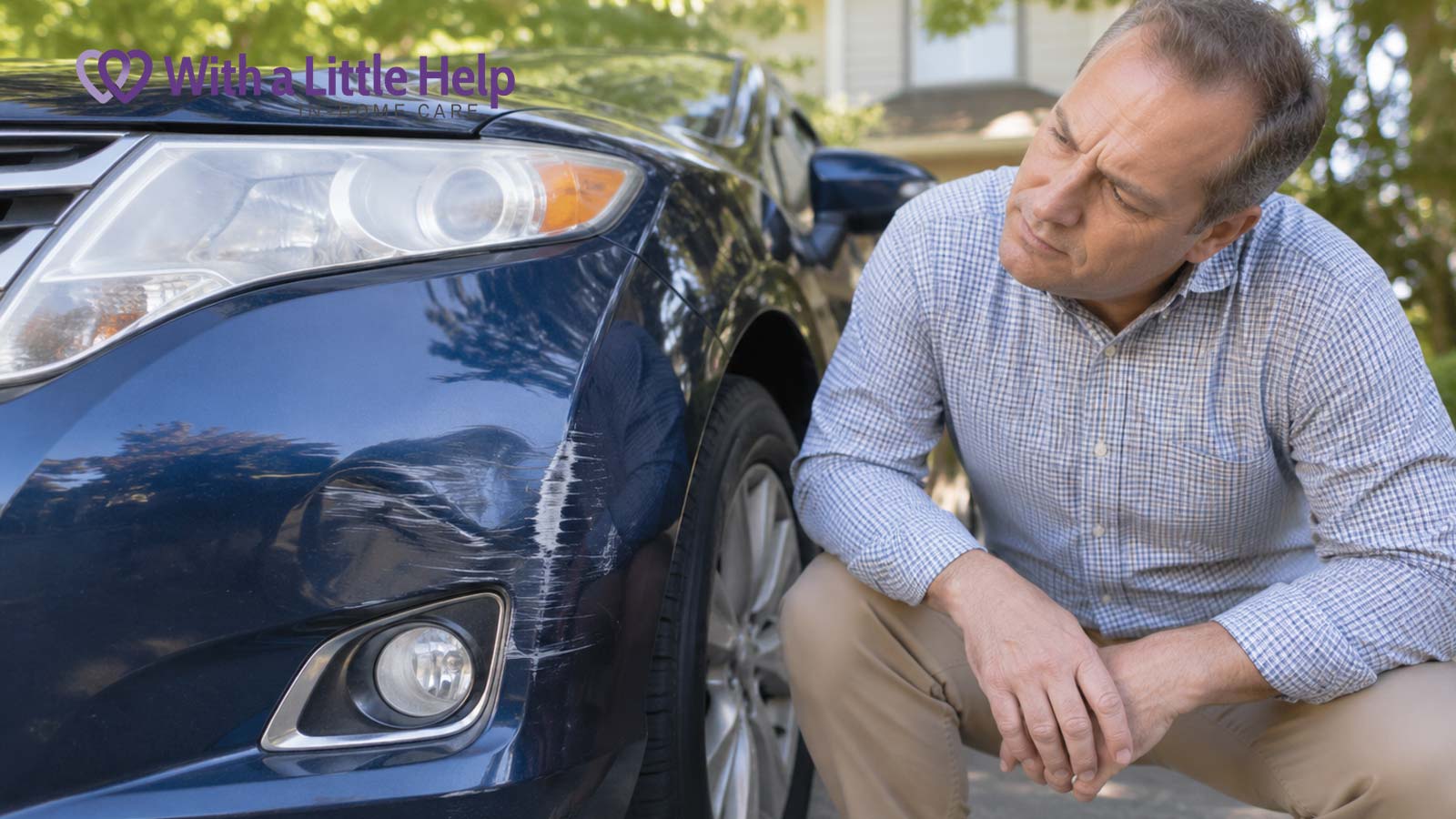 Son inspecting damage to his father’s vehicle while becoming concerned about an aging parent’s driving