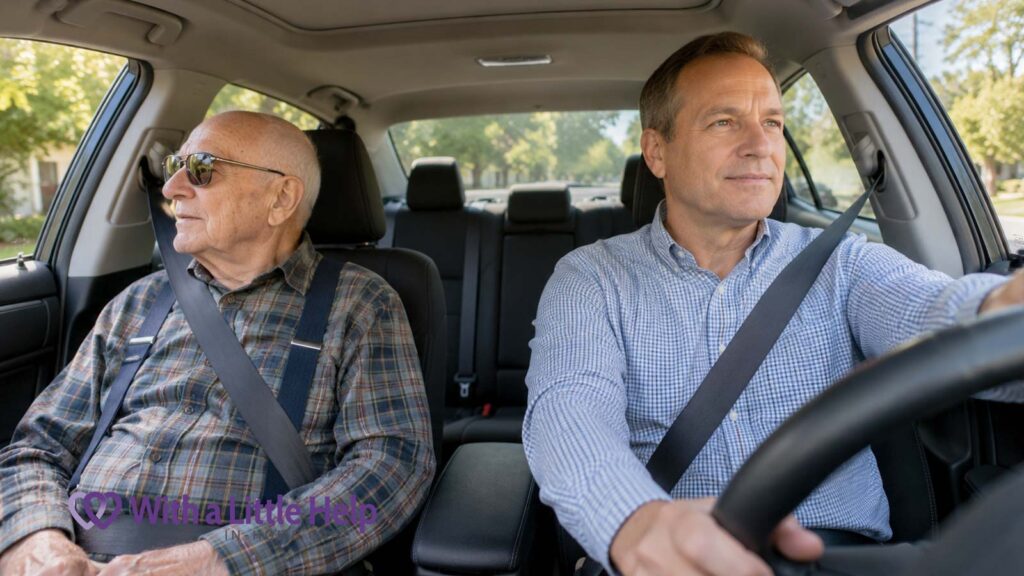 Son driving his elderly father after changes in his aging parent’s driving made it safer to share transportation