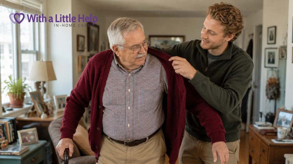 Caregiver assisting elderly man with dressing as an example of companion care vs personal care