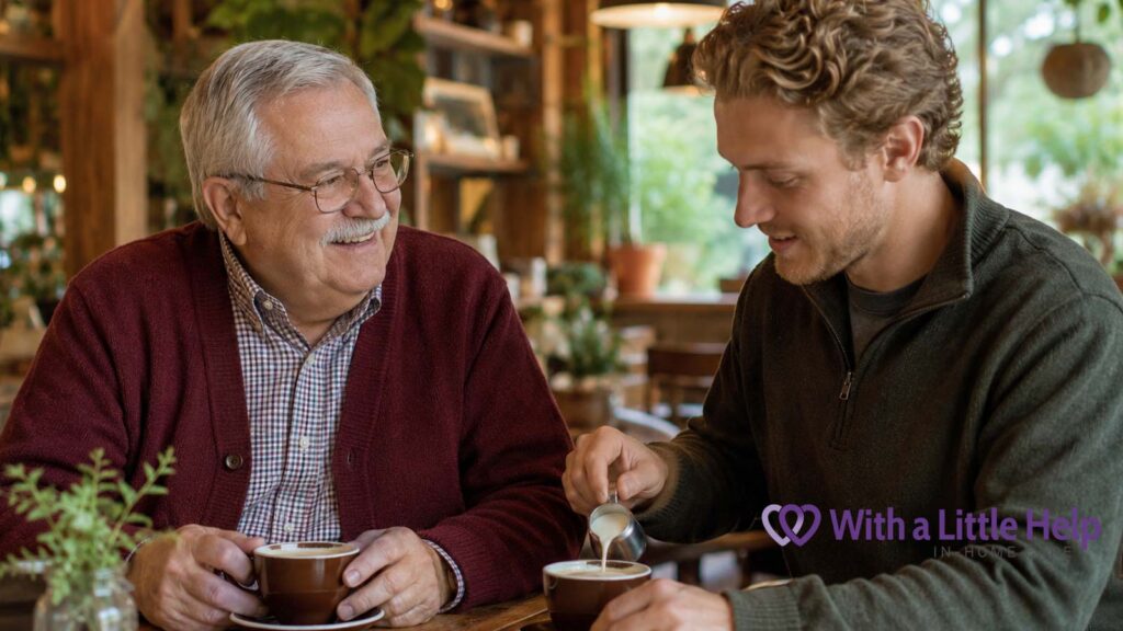 Companion care vs personal care shown through a senior and caregiver enjoying conversation at a Seattle neighborhood coffee shop