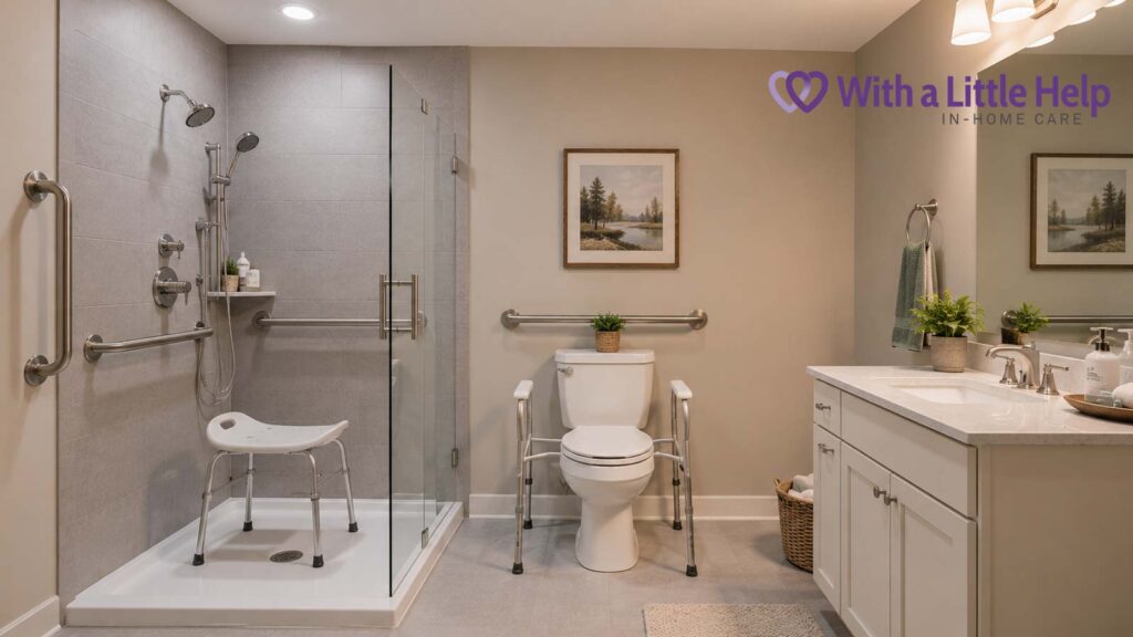 Accessible bathroom designed to support aging at home safely with grab bars and walk-in shower