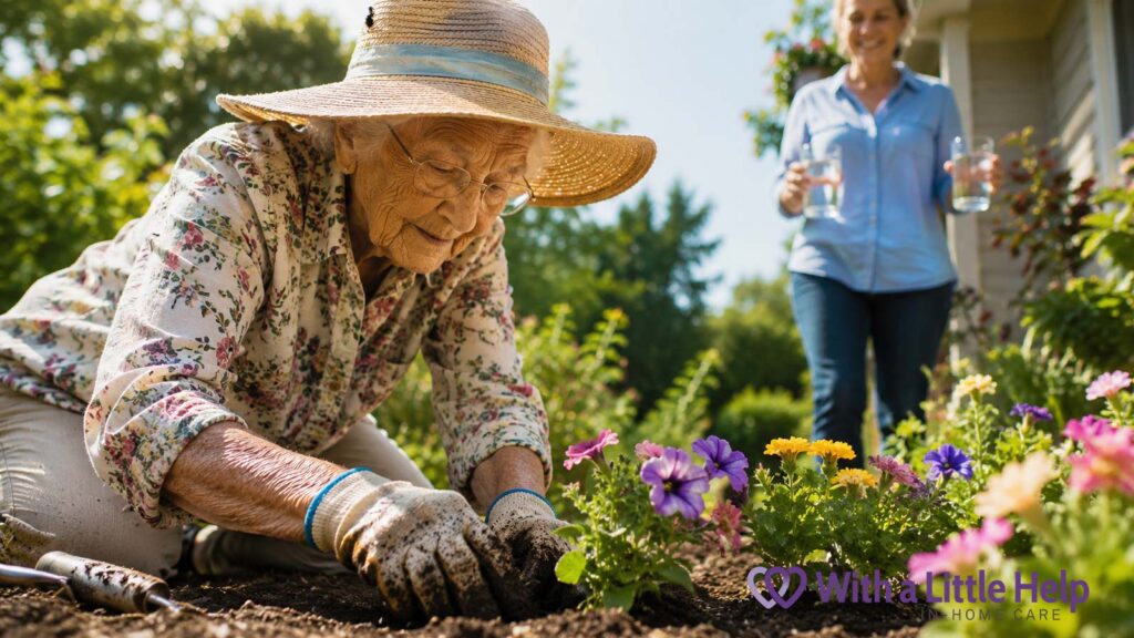 Aging at home safely with caregiver support while senior enjoys gardening outdoors