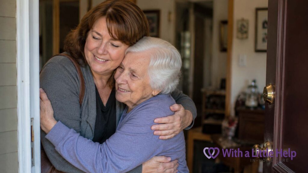 Adult daughter and senior mother smiling after a successful conversation about help at home