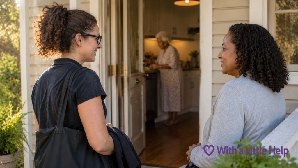 Caregiver and family member talking after a visit, demonstrating the importance of communication in senior home care.