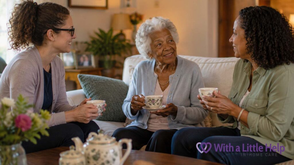 A senior, her daughter, and caregiver sharing tea together, showing open communication and strong relationships.