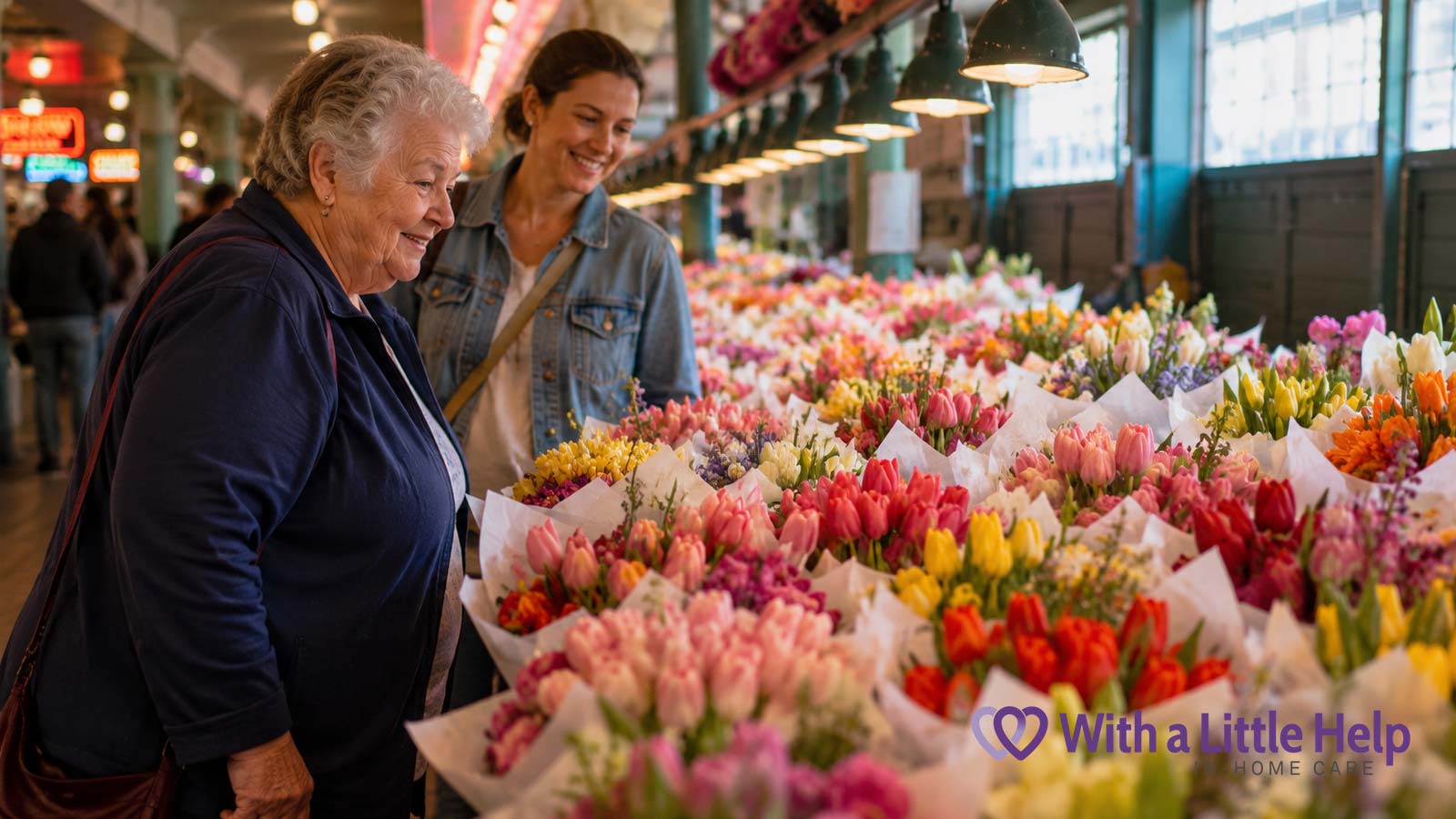 A personalized senior care plan helps an older woman continue enjoying favorite outings like visiting Pike Place Market.