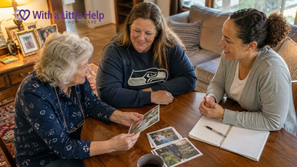 A care coordinator, an older woman, and her adult daughter discussing a personalized senior care plan together at the kitchen table.