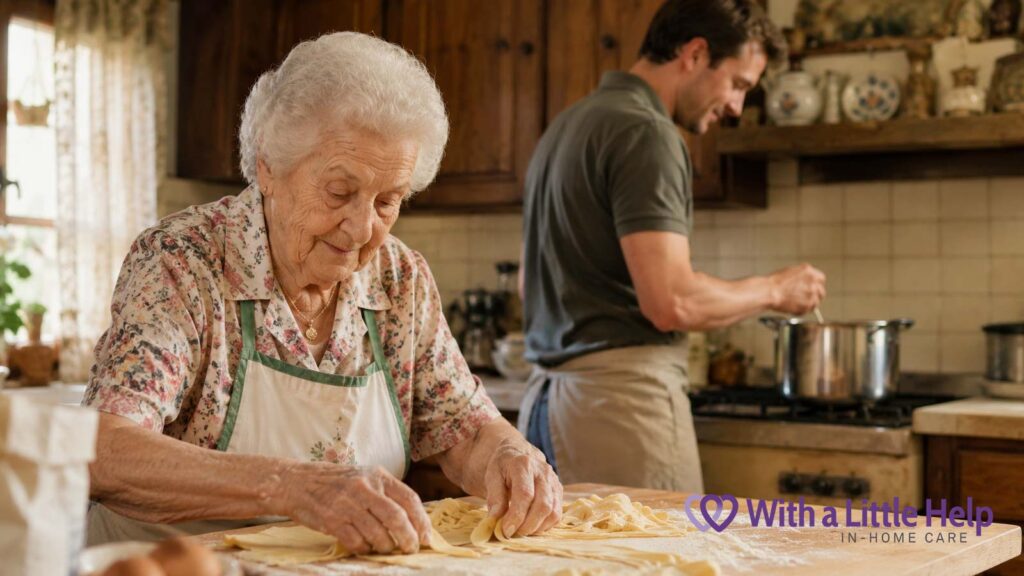 A caregiver helps an older woman safely continue her love of cooking, an important routine for seniors with memory loss.