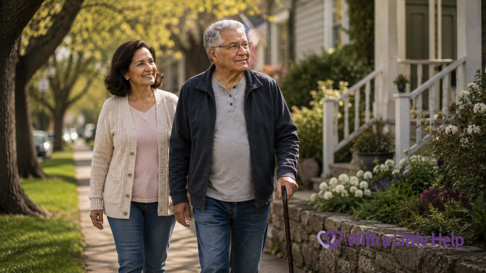 A senior enjoying a neighborhood walk as personalized help at home supports his recovery after hospitalization.