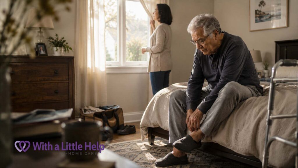 An older man getting dressed after a hospital stay while a caregiver provides help at home during his recovery.