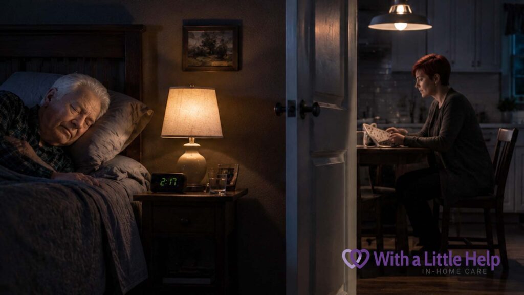 A Seattle senior sleeps while an overnight care caregiver stays awake nearby in his home.