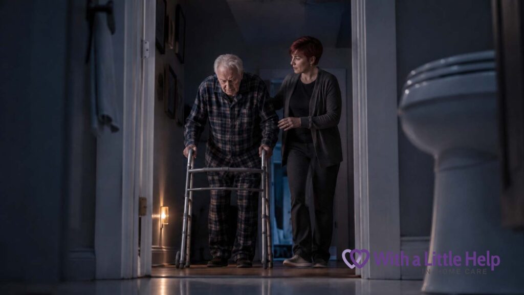 Overnight care in Seattle helps an elderly man safely use his walker during a nighttime bathroom trip.