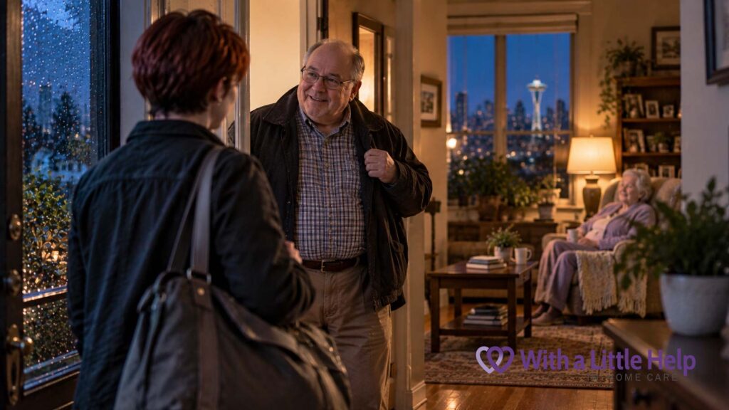 Overnight care for seniors begins as a caregiver arrives at a Seattle home and a family member prepares to leave for the evening.